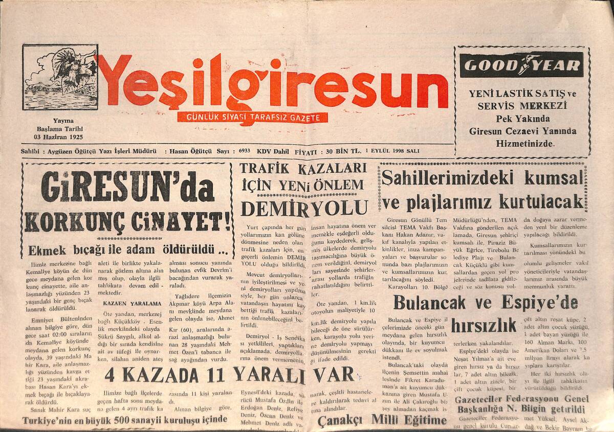 Yeşil Giresun Gazetesi 1 Eylül 1998 - Trafik Kazaları İçin Yeni Önlem Demiryolu - Giresun'da Korkunç Cinayet - Giresunspor'dan Transfer Açıklamaları GZ153496 - 1